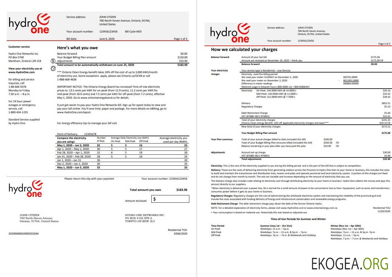 USA Ontario’s Hydro One electricity utility bill template in Word and PDF format (2 pages)